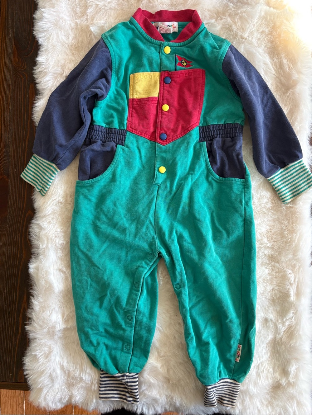 Gymboree Teal One-Piece Romper with Navy Sleeves and Red Pocket